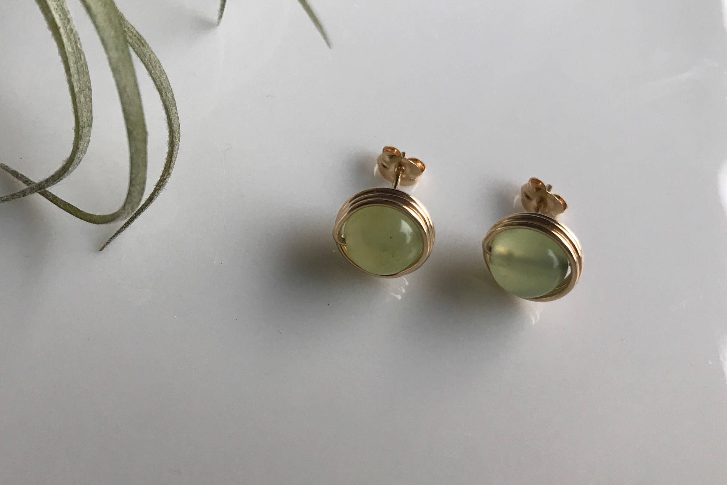 Jade Gemstone Crystal Stud Gold Earrings: 14k Gold