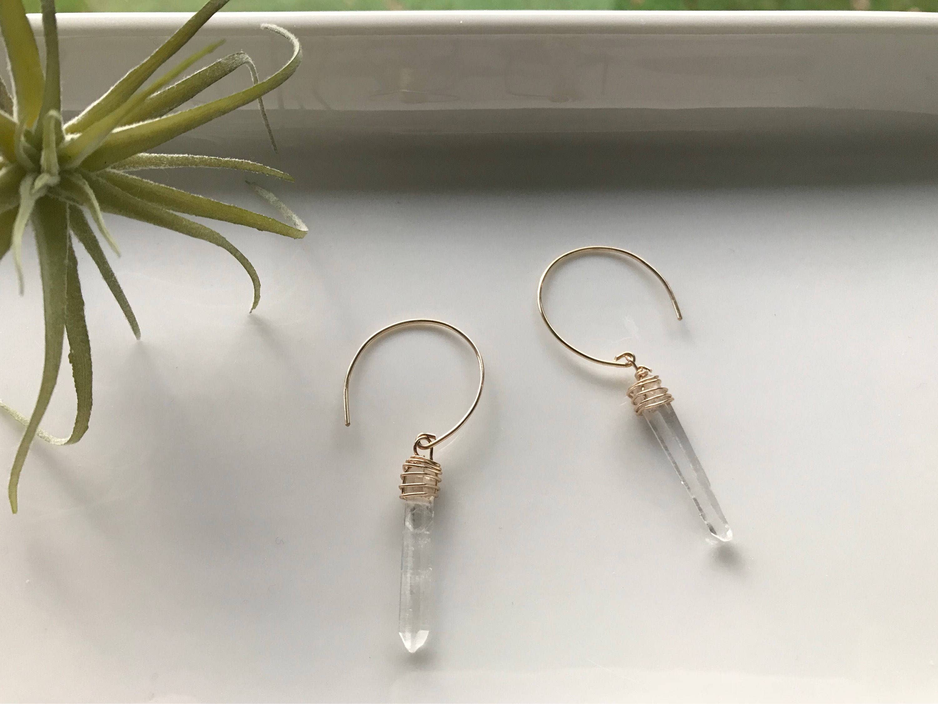 Crystal Quartz Earrings, Quartz Point Earrings: 14k Gold