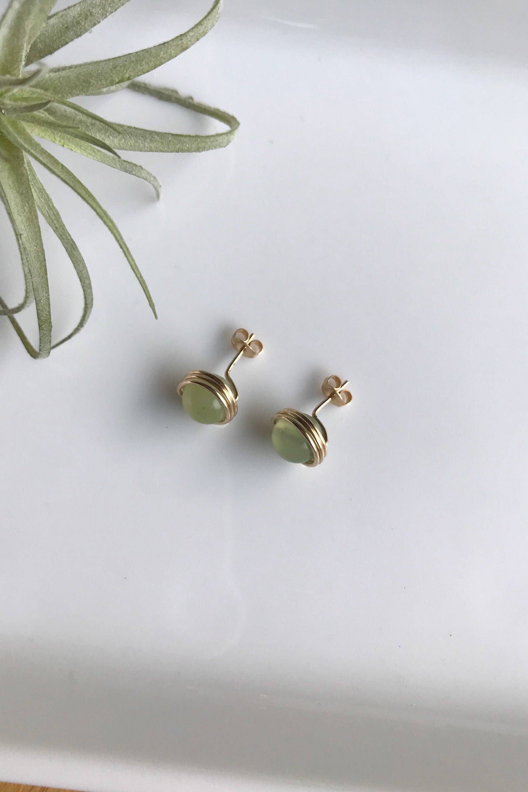 Jade Gemstone Crystal Stud Gold Earrings: 14k Gold