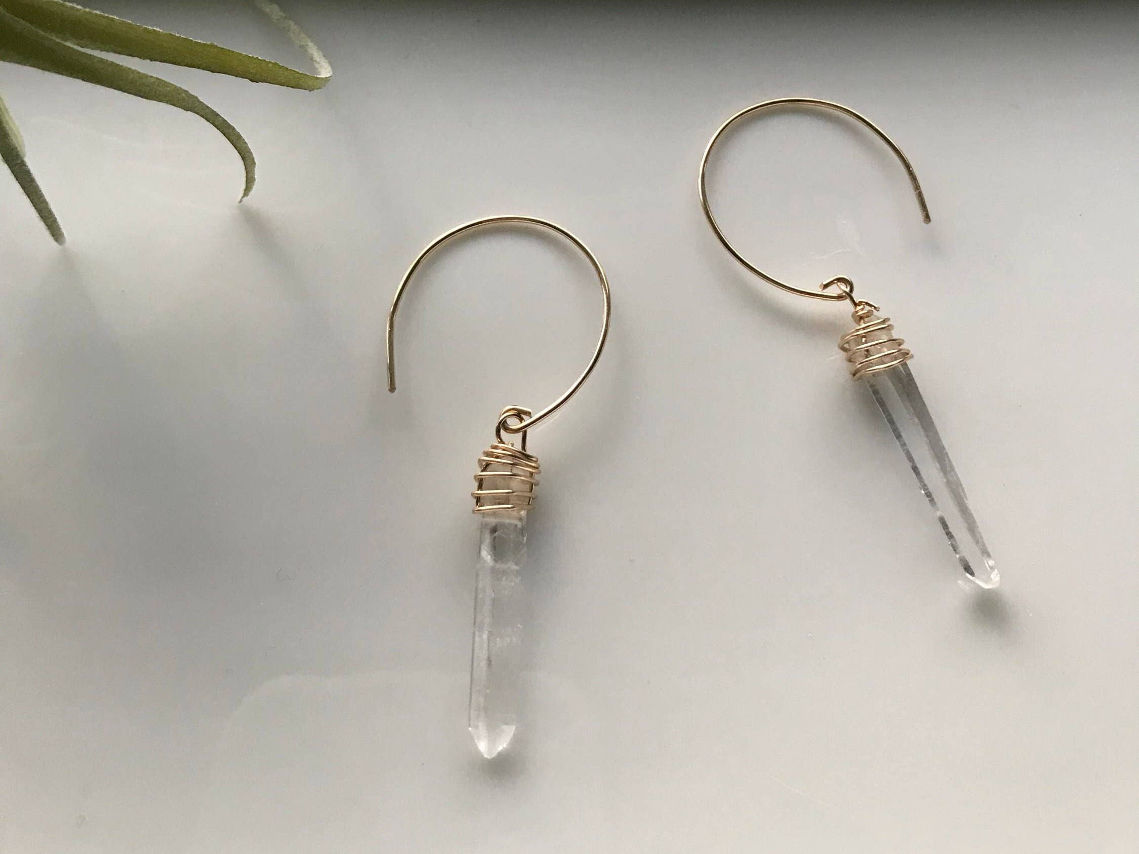 Crystal Quartz Earrings, Quartz Point Earrings: 14k Gold