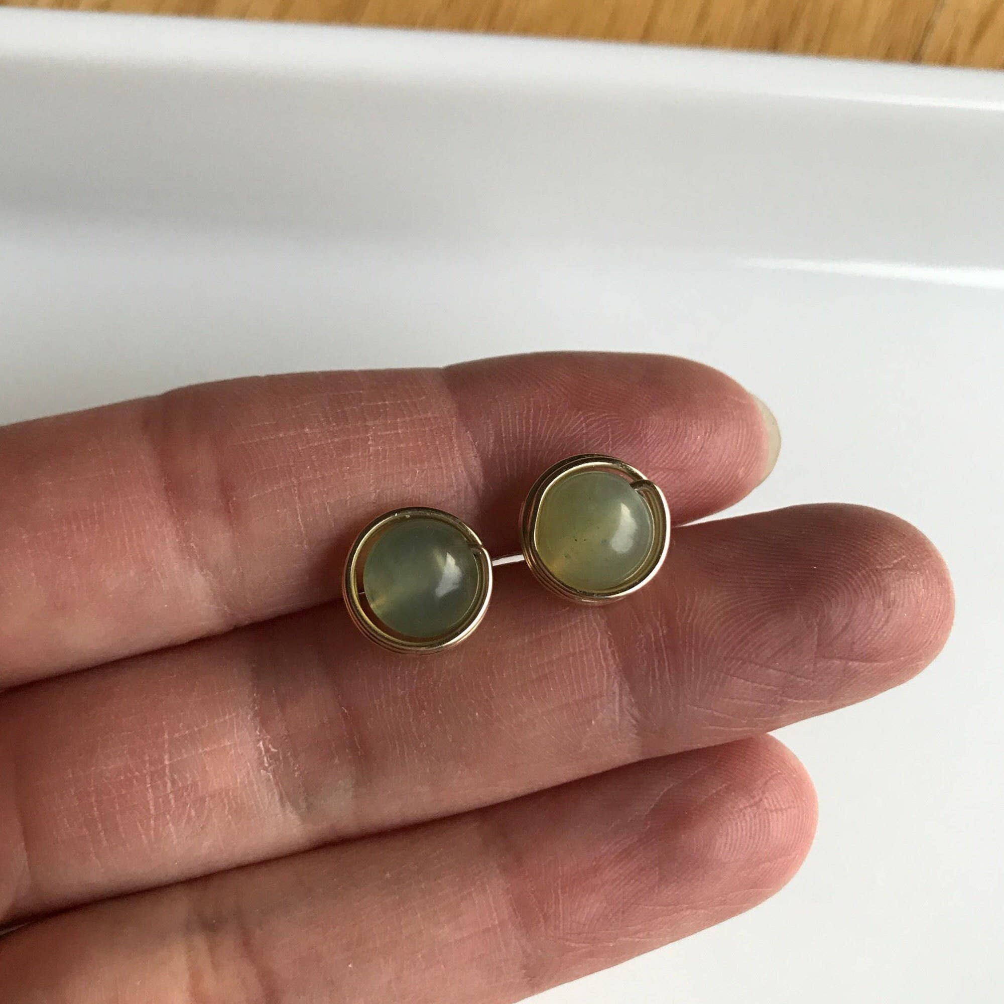 Jade Gemstone Crystal Stud Gold Earrings: Sterling Silver