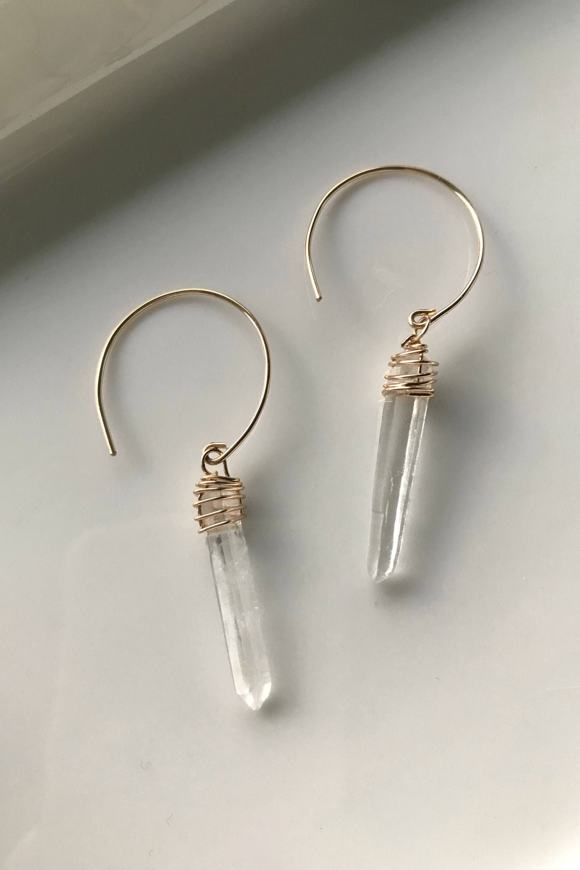 Crystal Quartz Earrings, Quartz Point Earrings: 14k Gold