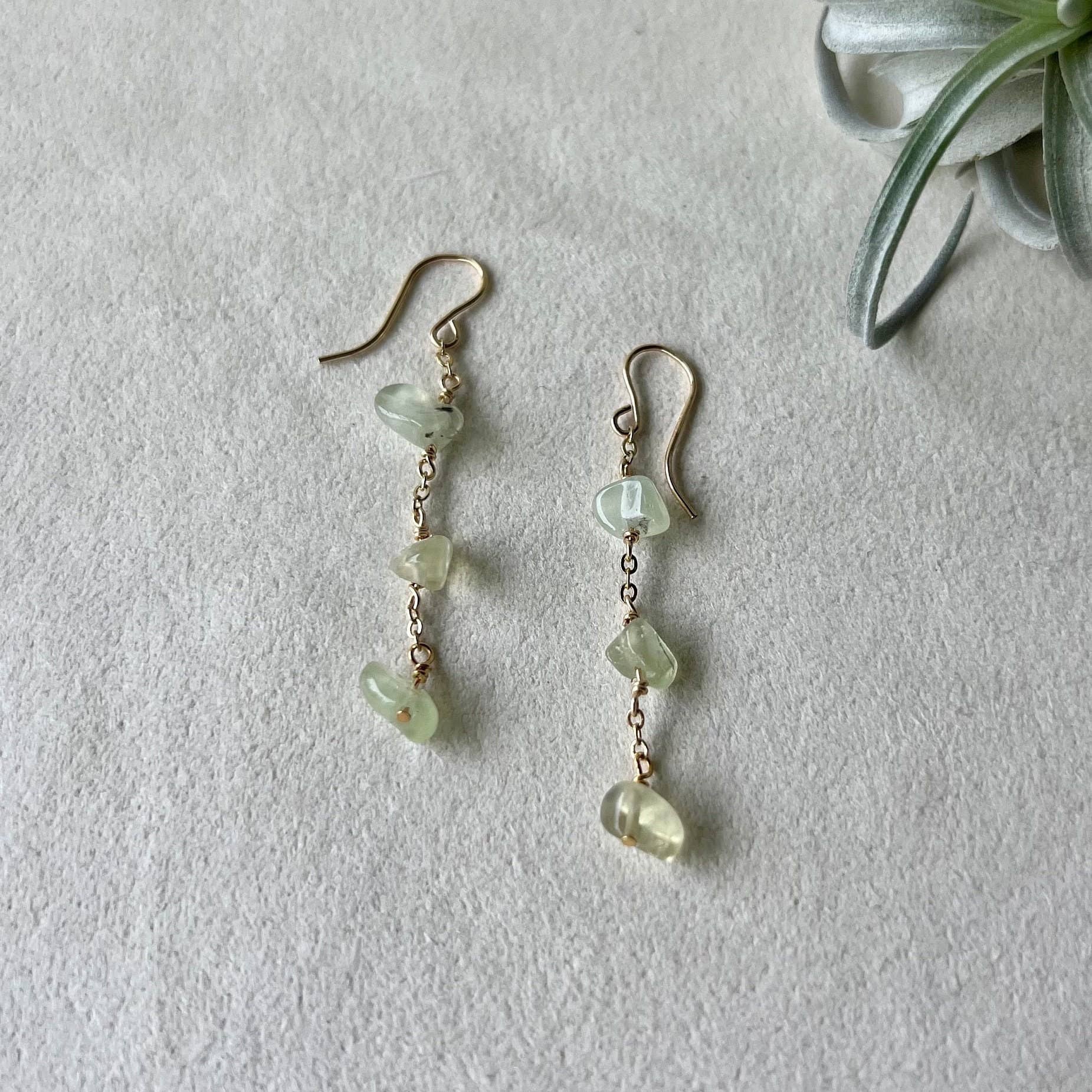 Green Dangle And Drop Prehnite Chain Earrings: 14k Gold