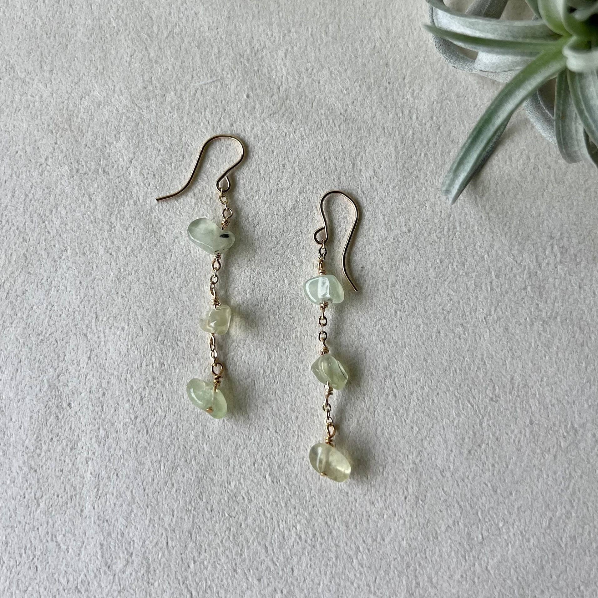 Green Dangle And Drop Prehnite Chain Earrings: 14k Gold