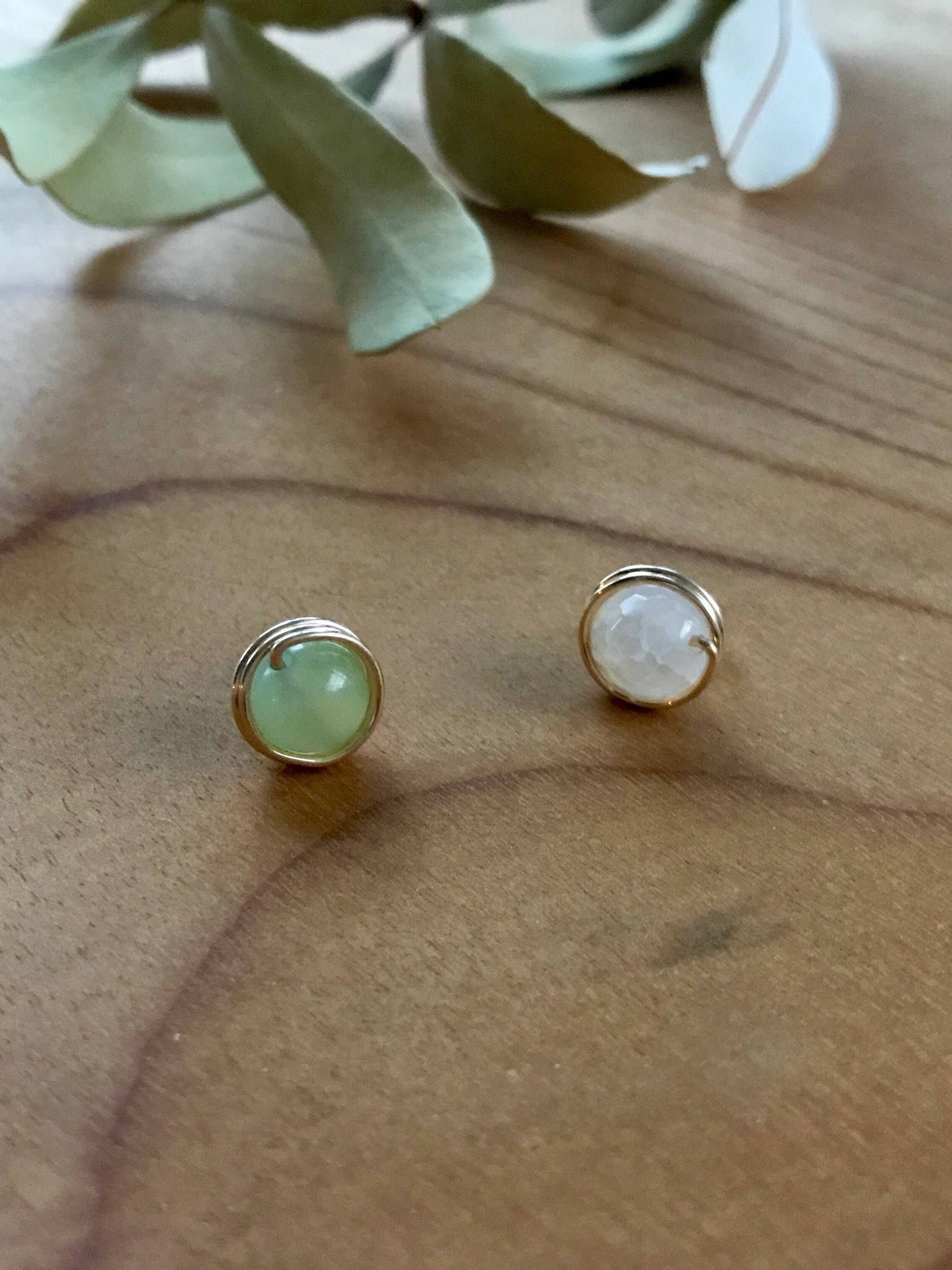 Jade Gemstone Crystal Stud Gold Earrings: 14k Gold