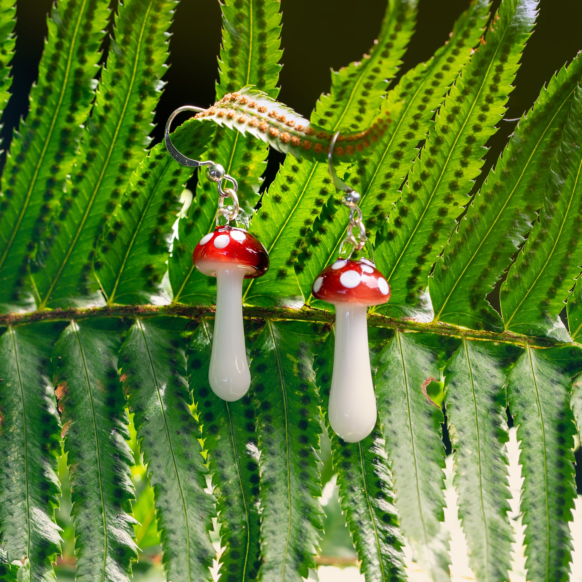 Minature Glass Amanita Mushroom Earrings