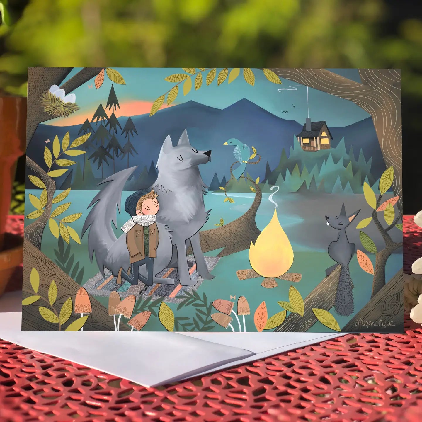 Blue Bird Wolf Blank Greeting Card