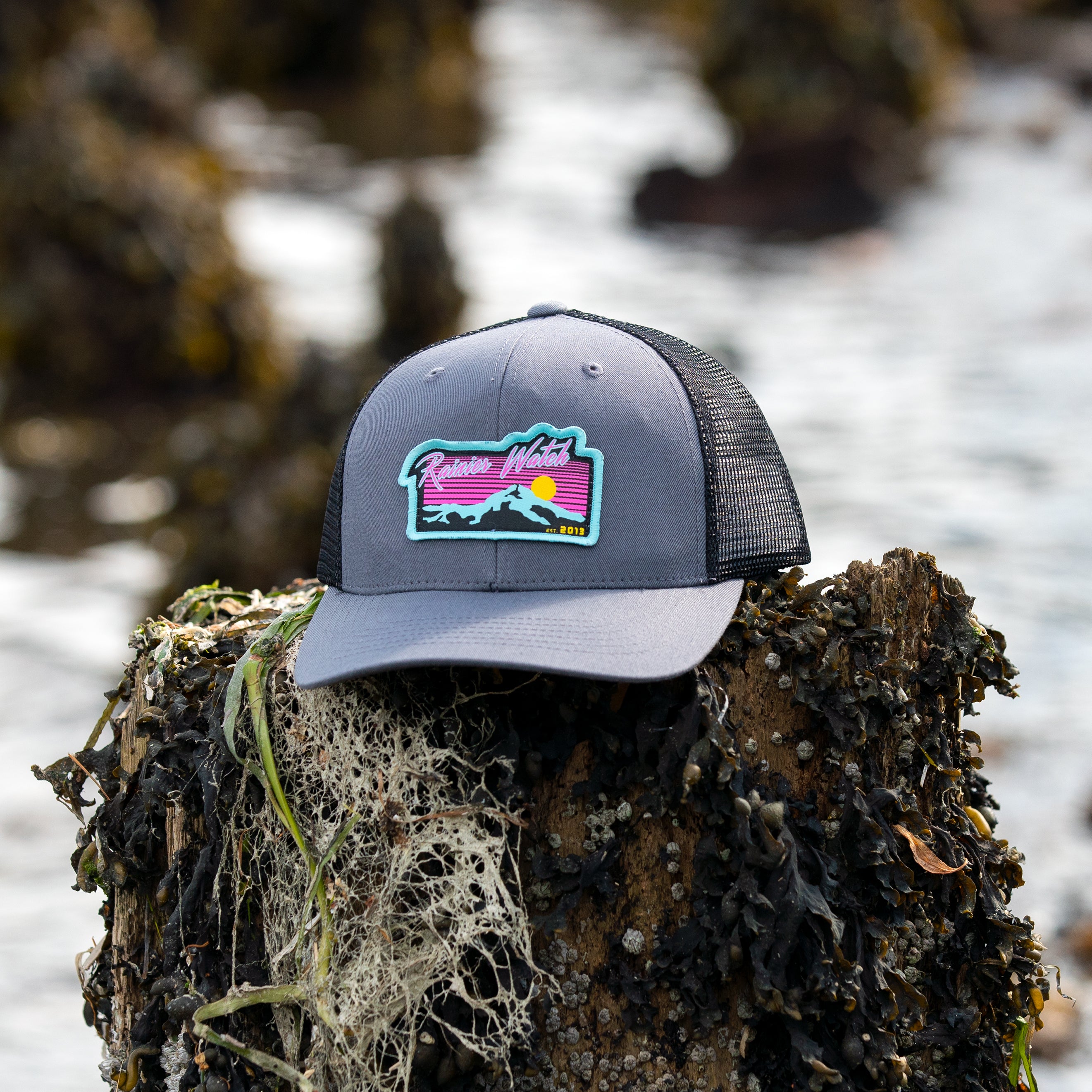 Neon Sunset 6 Panel Trucker Cap Black Rainier Watch