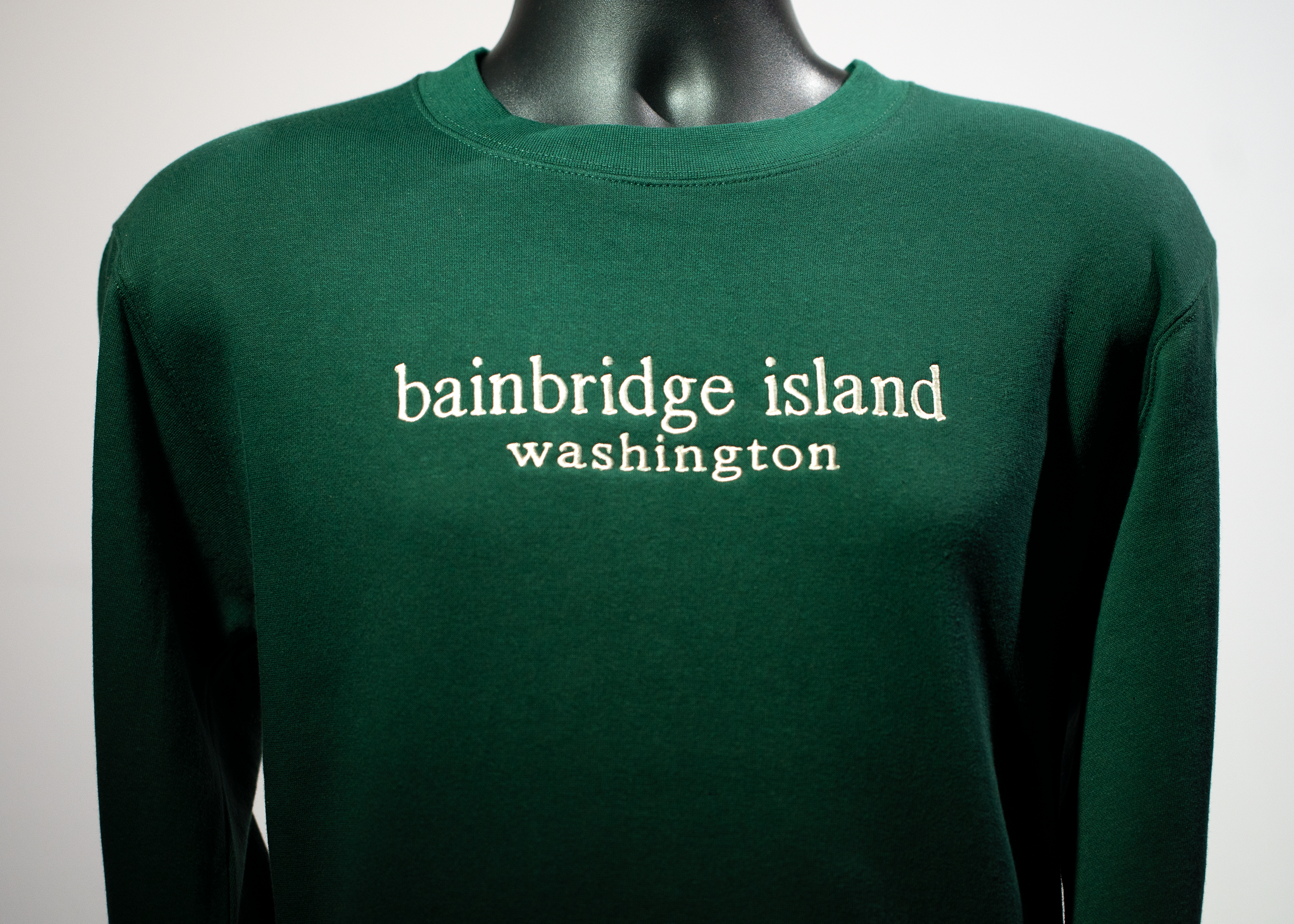 Bainbridge Island Forest Green Embroidered Crewneck