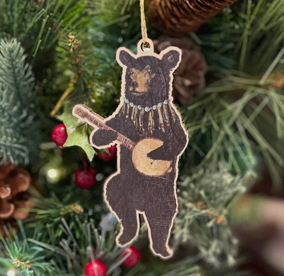 Wooden Banjo Bear Ornament