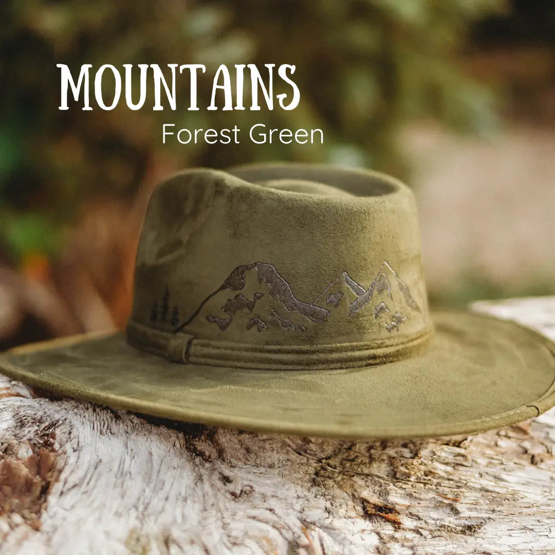 Wood-Burned Wide Brim Rancher Hat - Mountain Collection