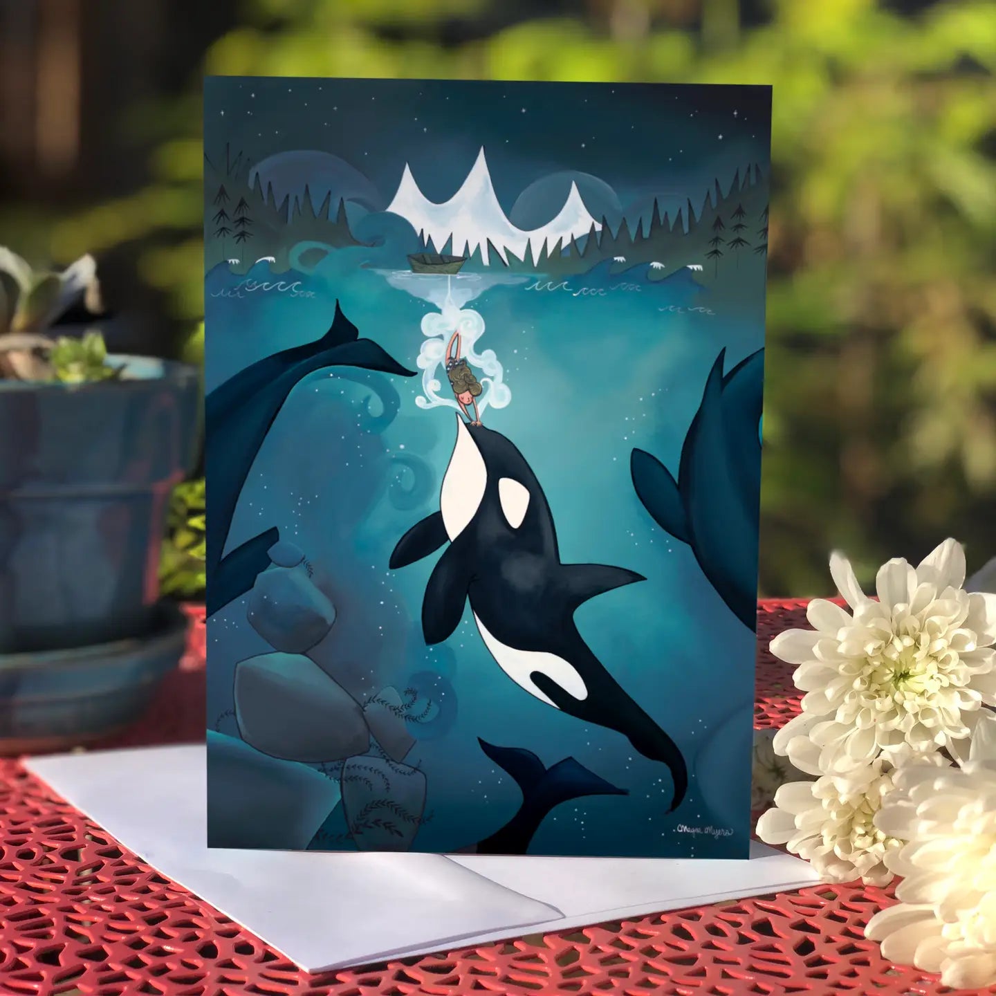 Orca Diving Girl Greeting Card