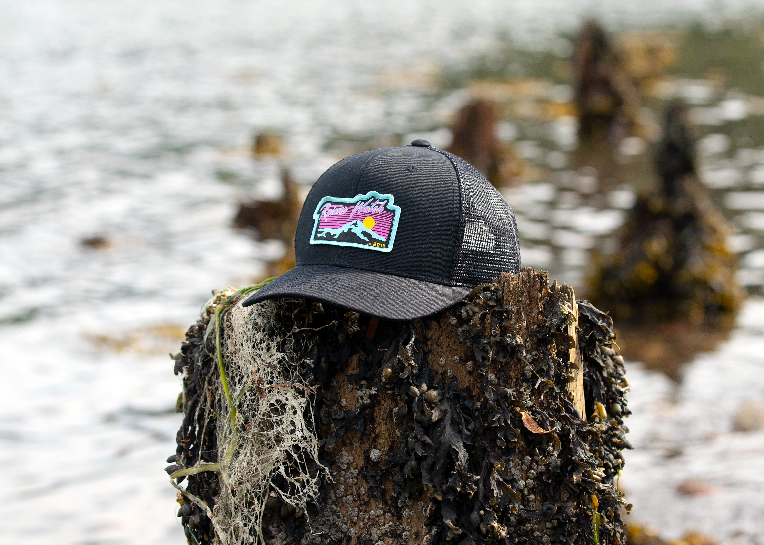 Neon Sunset 6 Panel Trucker Cap Black Rainier Watch