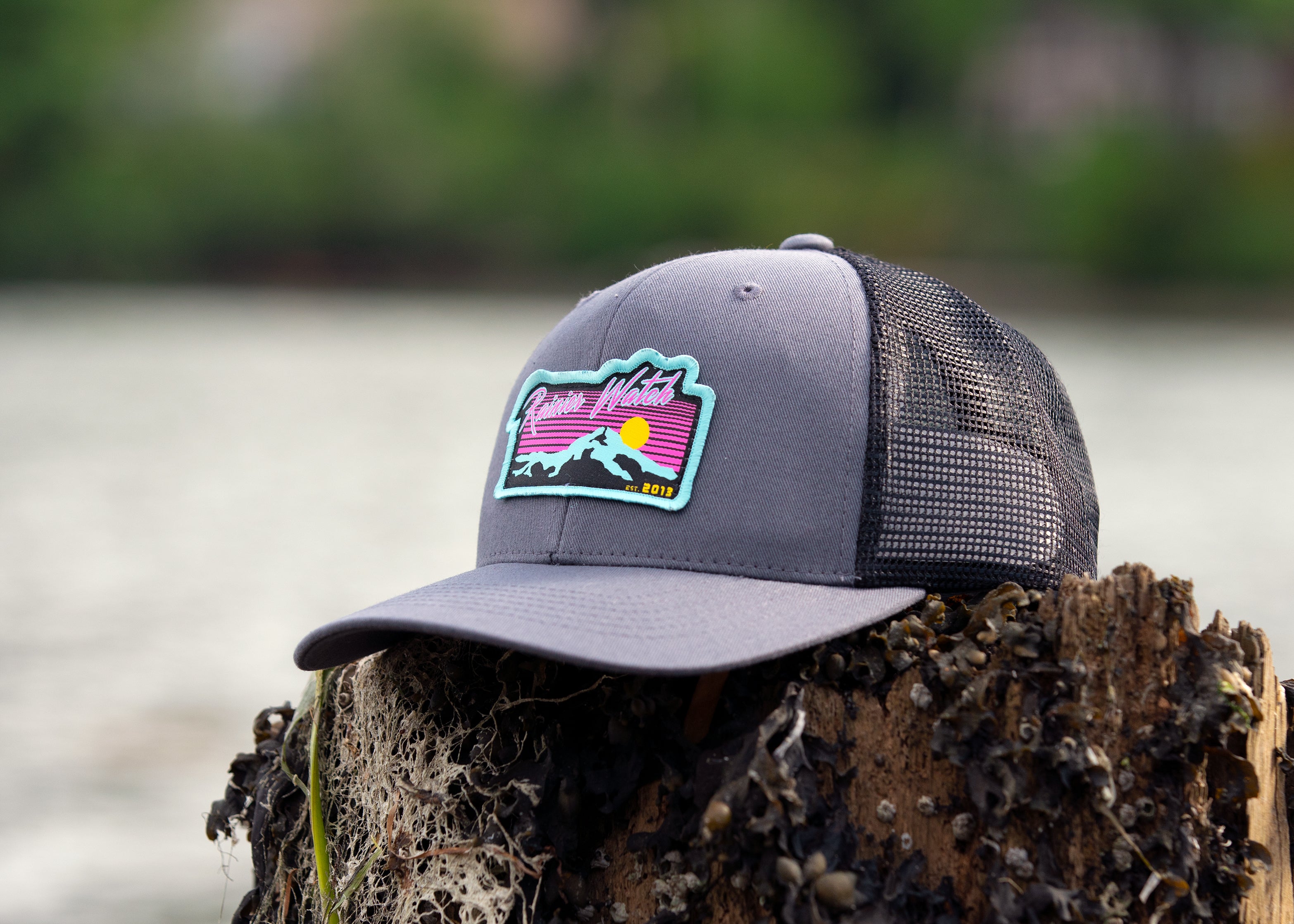 Neon Sunset 6 Panel Trucker Cap Black Rainier Watch