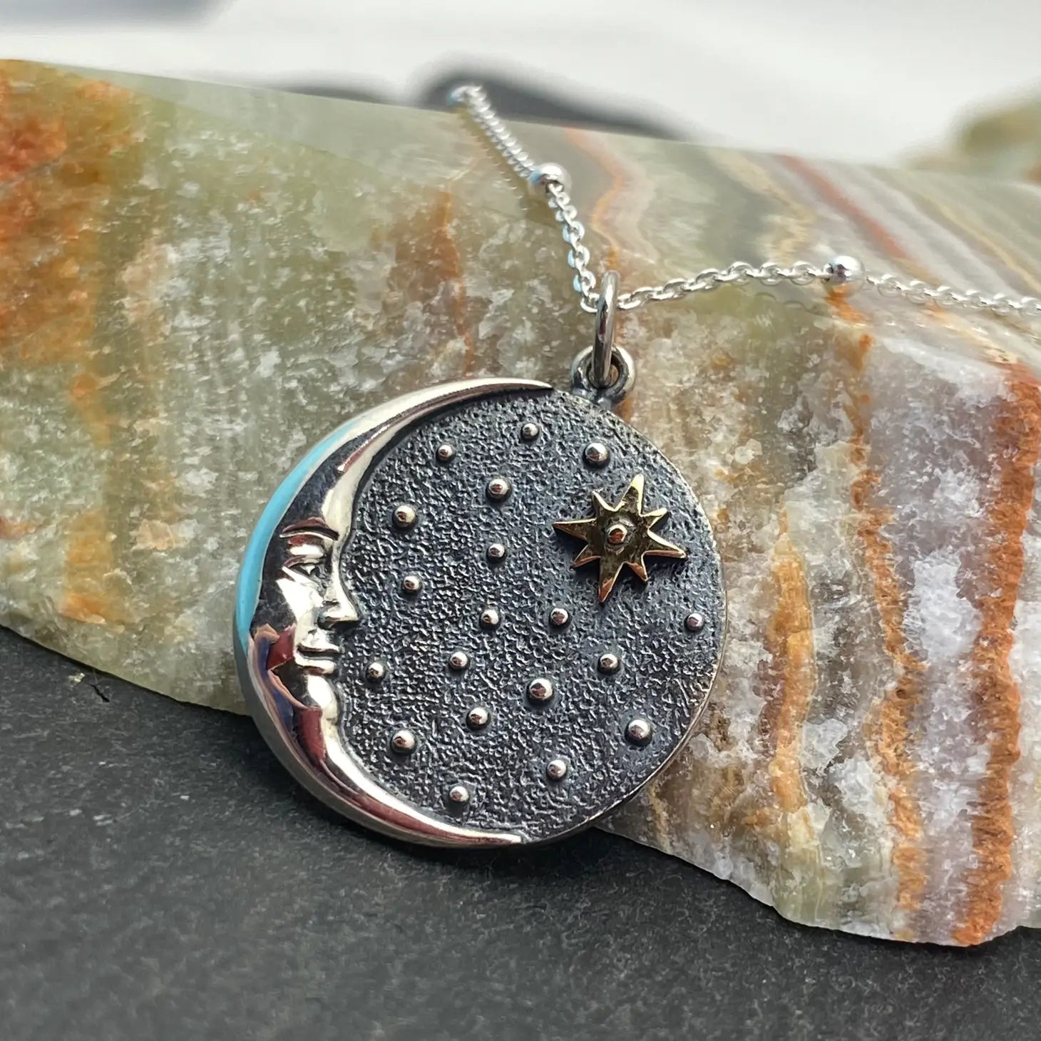 Silver Moon and BRONZE Stars on Disk Necklace