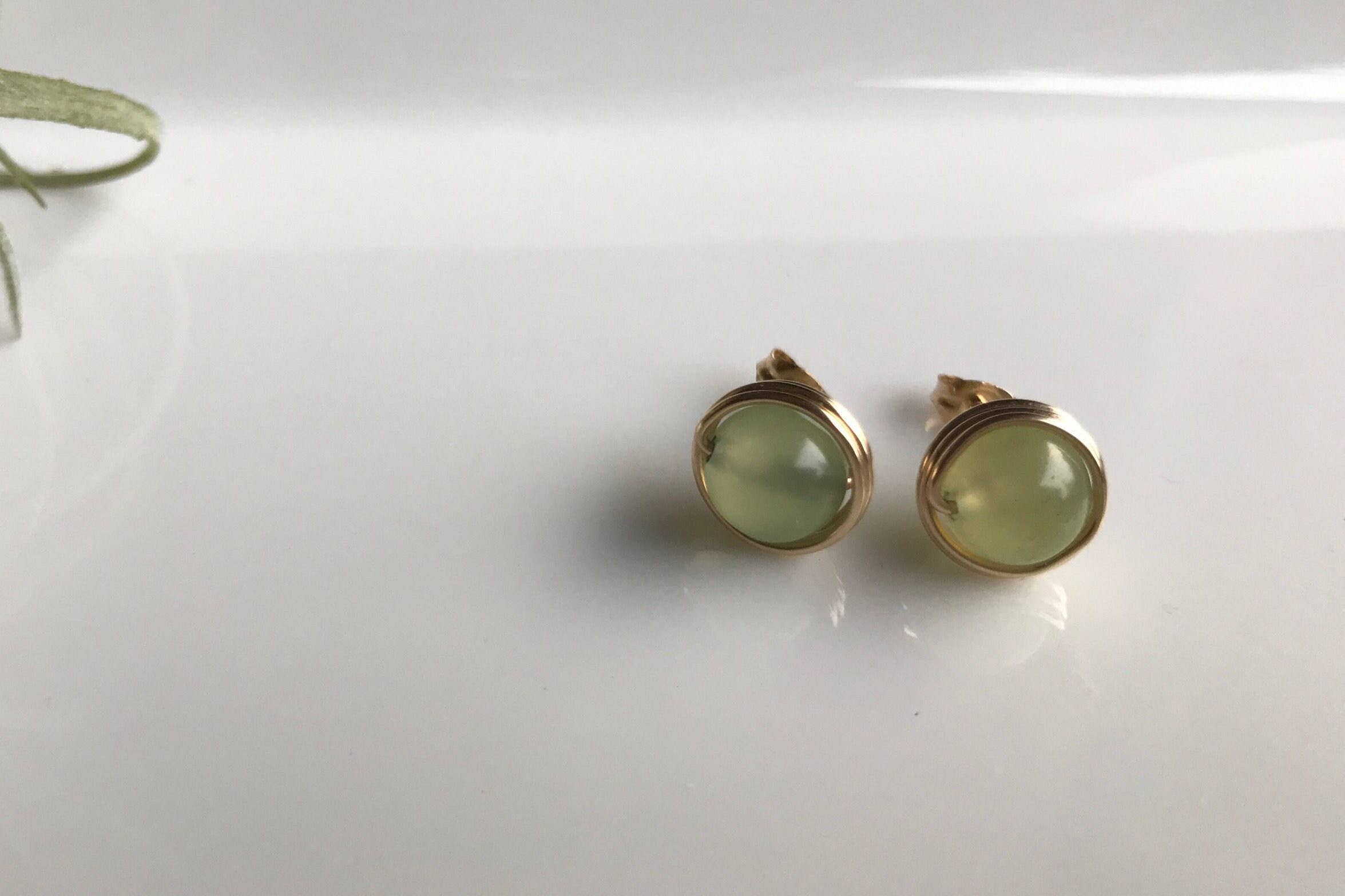 Jade Gemstone Crystal Stud Gold Earrings: 14k Gold