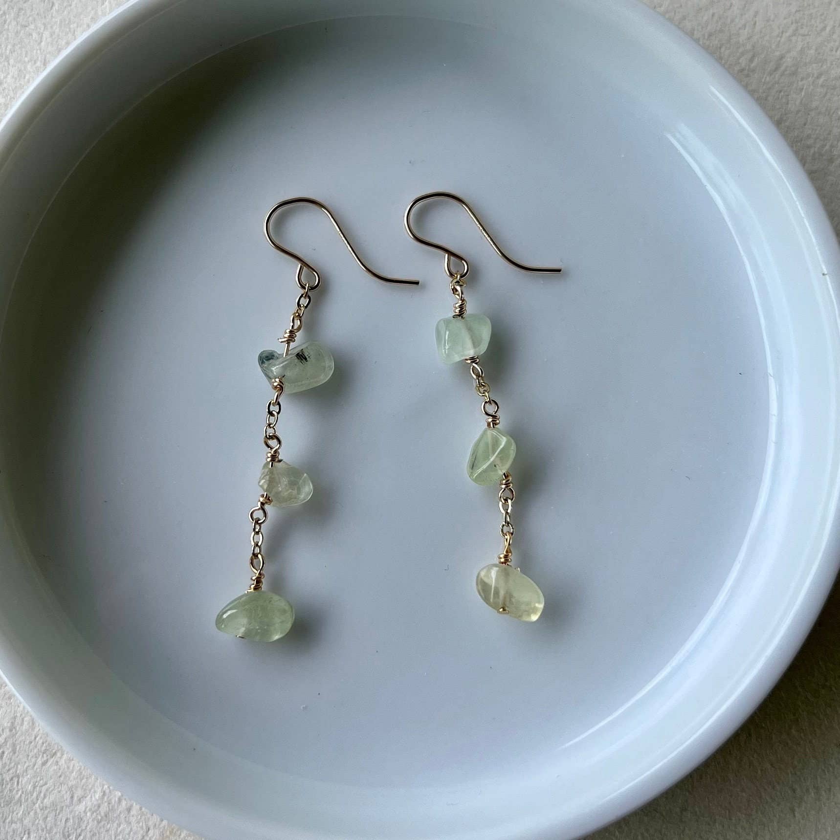 Green Dangle And Drop Prehnite Chain Earrings: 14k Gold