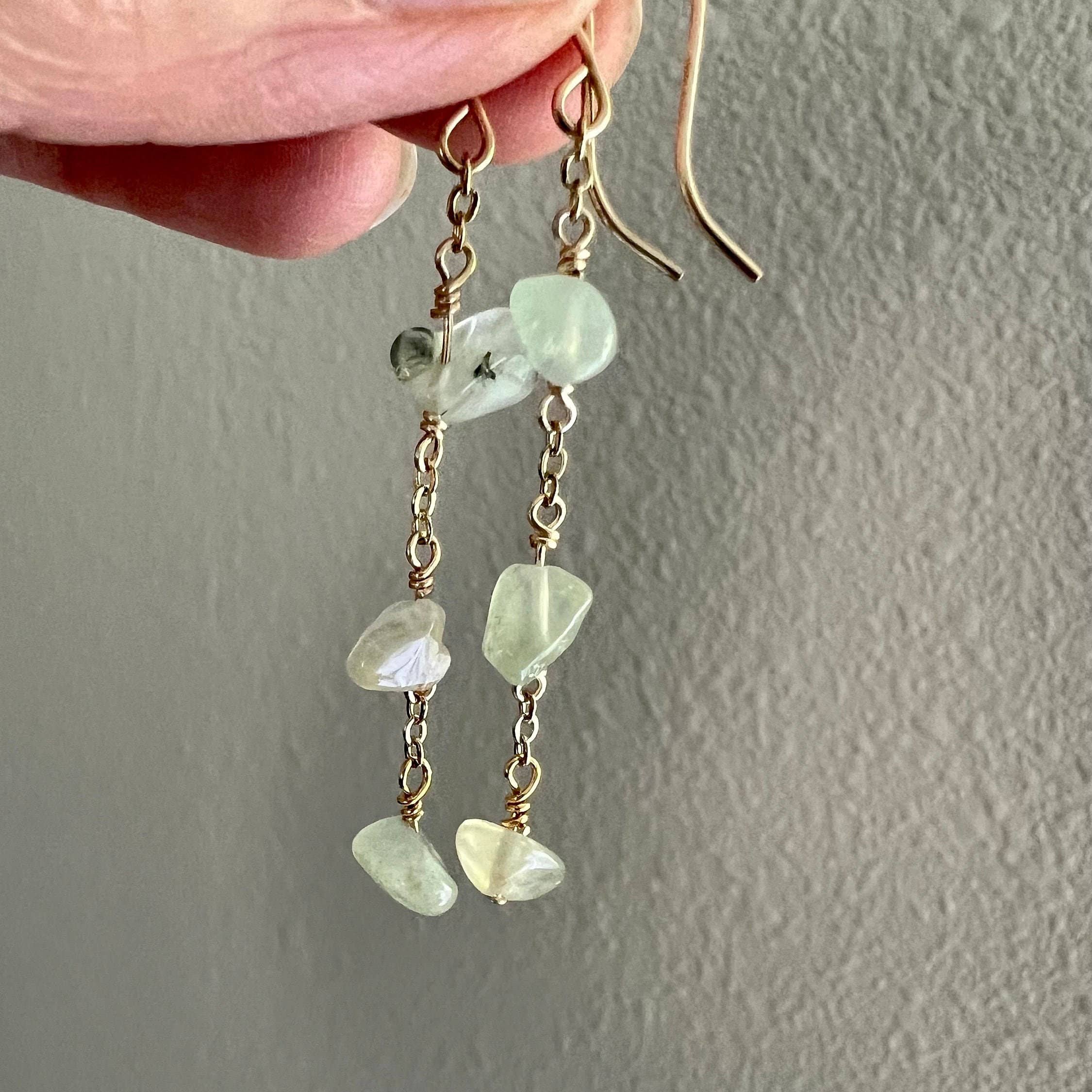 Green Dangle And Drop Prehnite Chain Earrings: 14k Gold