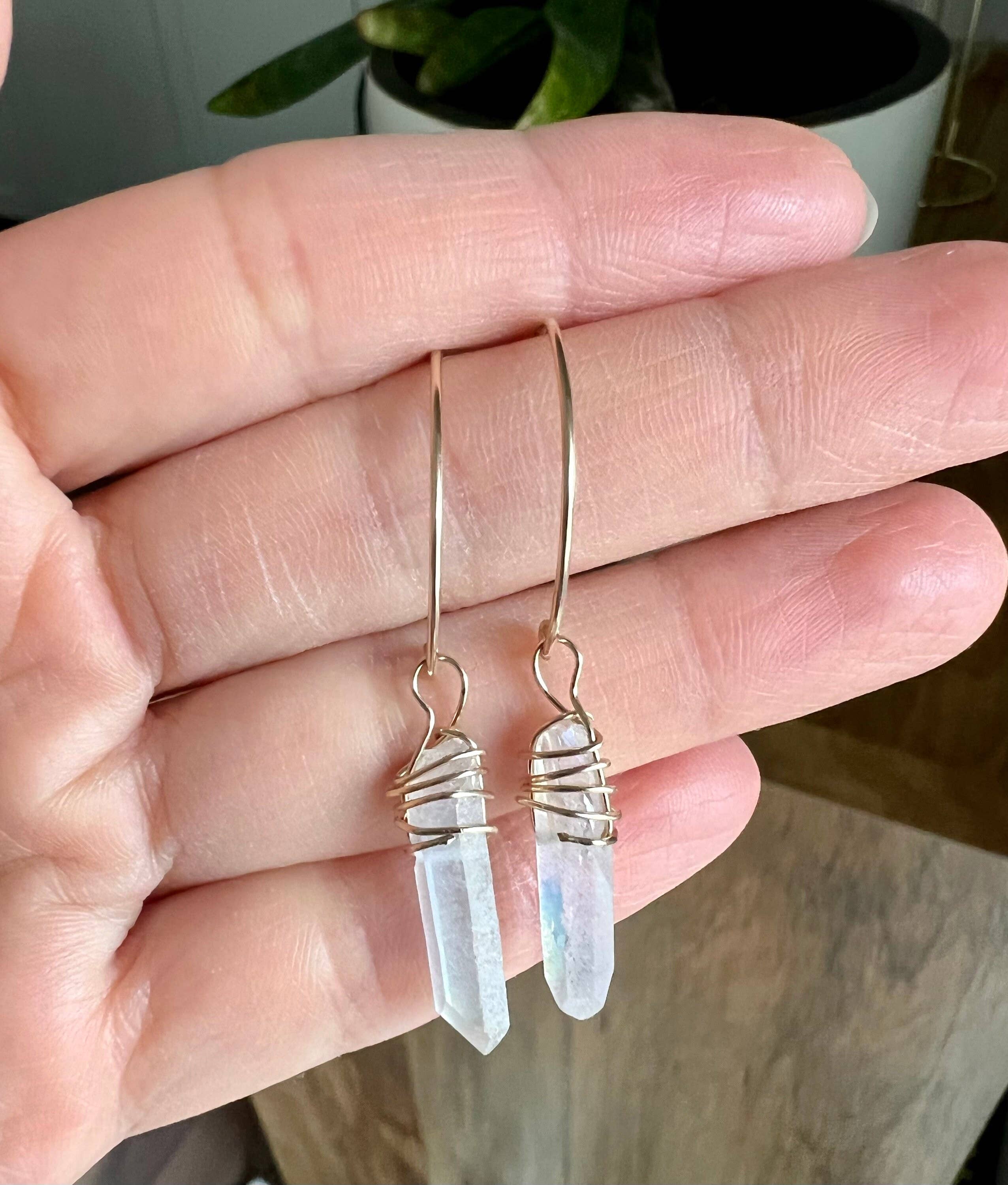 Crystal Quartz Earrings, Quartz Point Earrings: 14k Gold