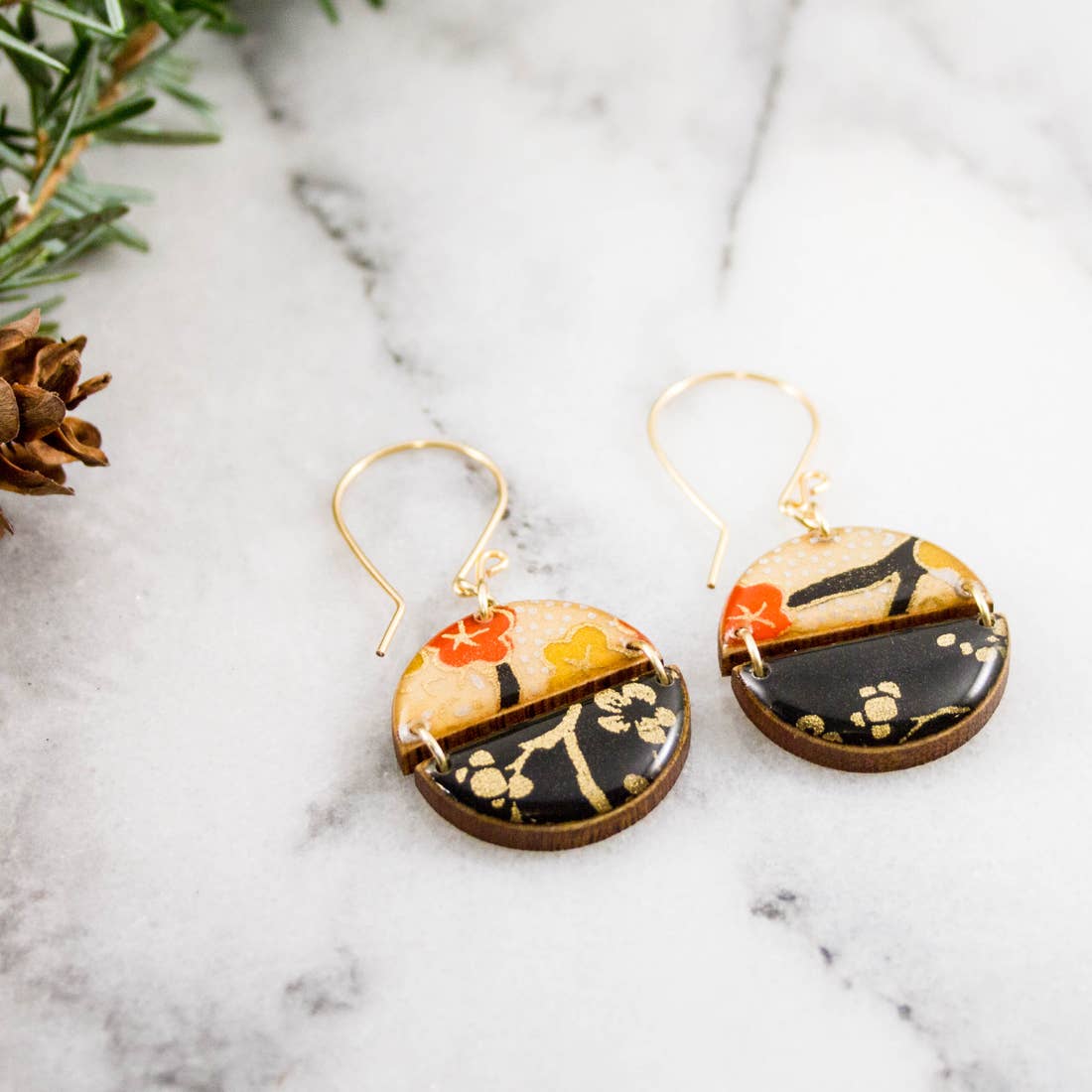 2 Halves Japanese Paper Earrings- Black + Gold