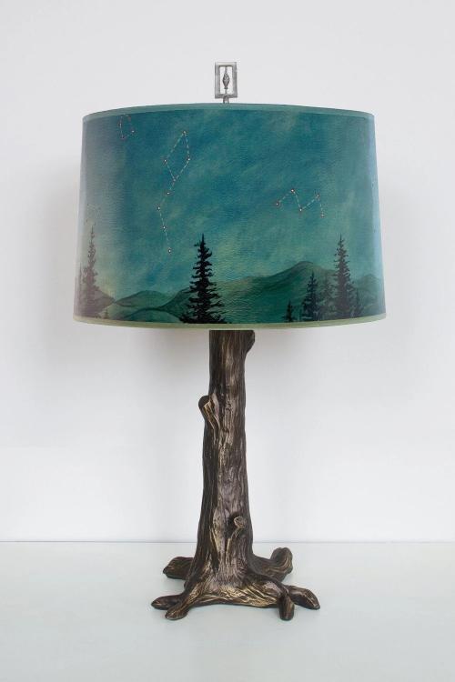 Bronze Tree Table Lamp with Large Drum Shade in Midnight Sky