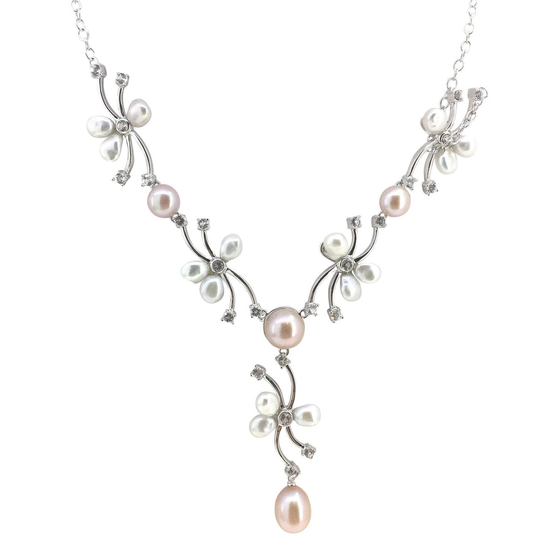 Freshwater Pearl & White Topaz Flower Necklace  White / Pearl