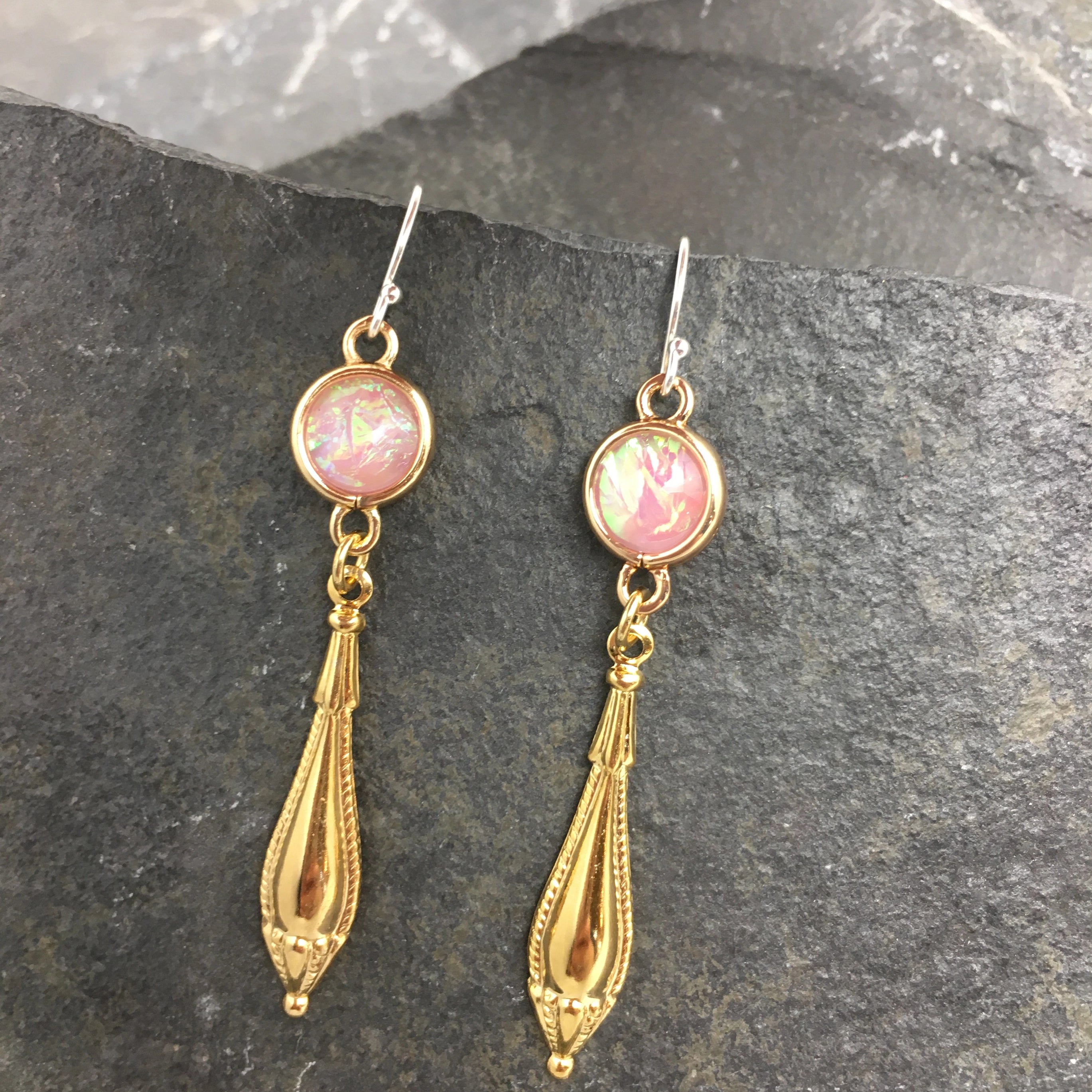 Gold Long Teardrop With pink Sparkle Earring