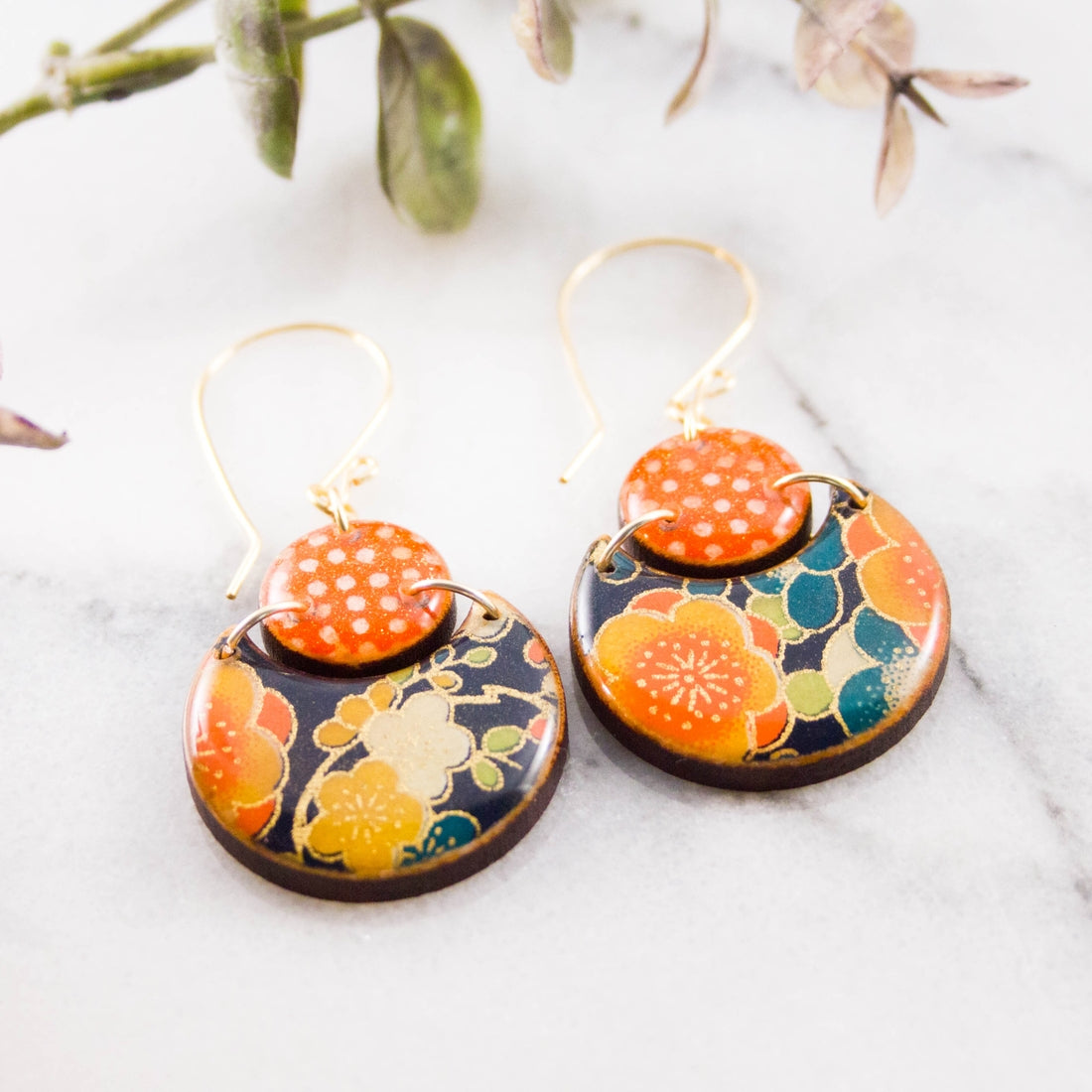 Japanese Double Circle Earrings- Navy + Orange