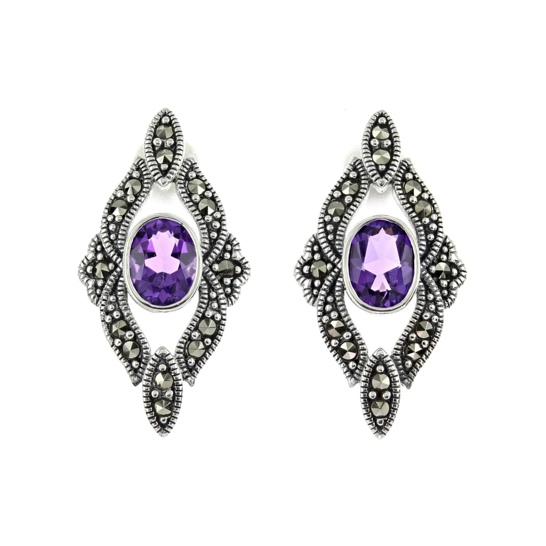 Marcasite & Amethyst Stud Earrings  Silver / Black