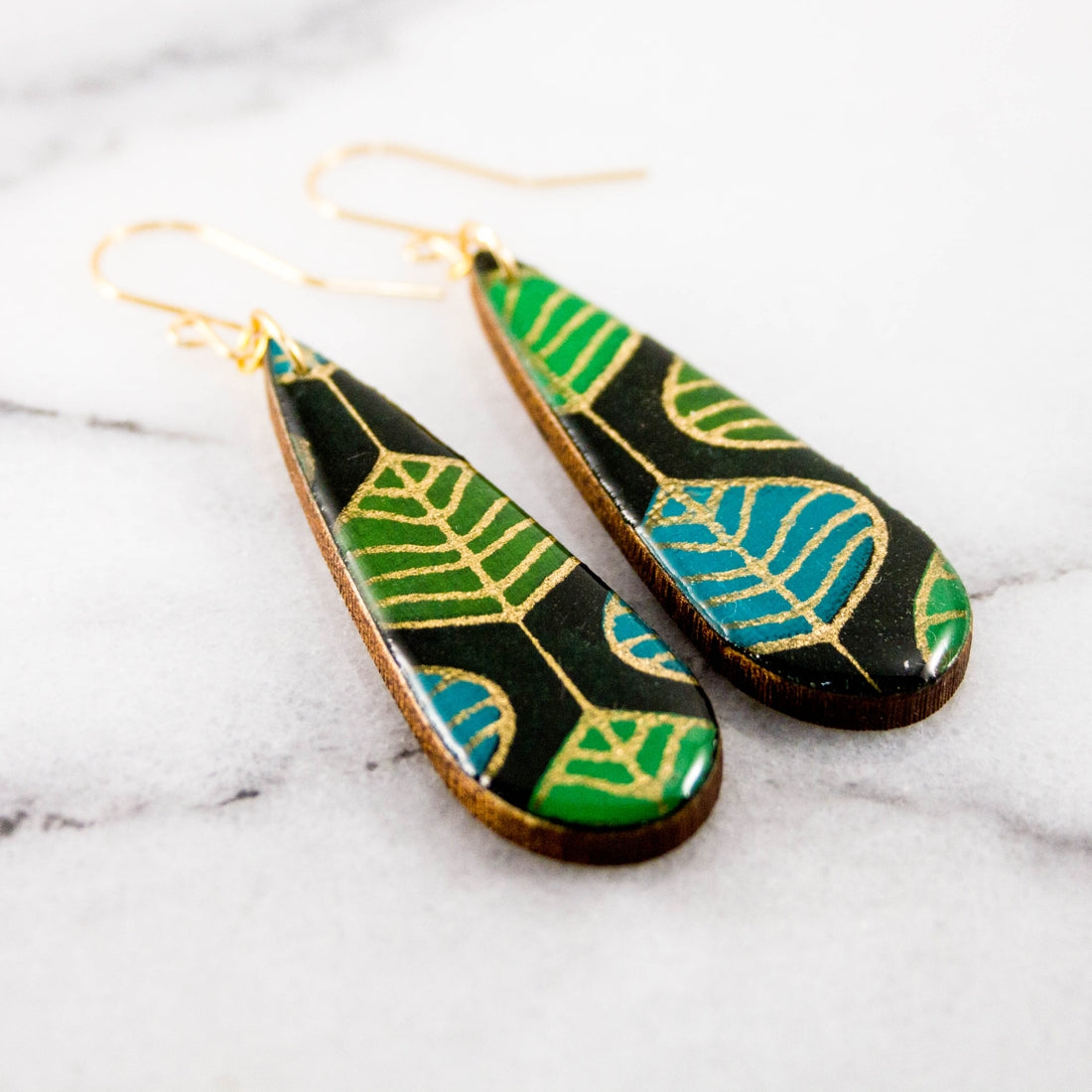 Mod Green Leaf Teardrop Earrings