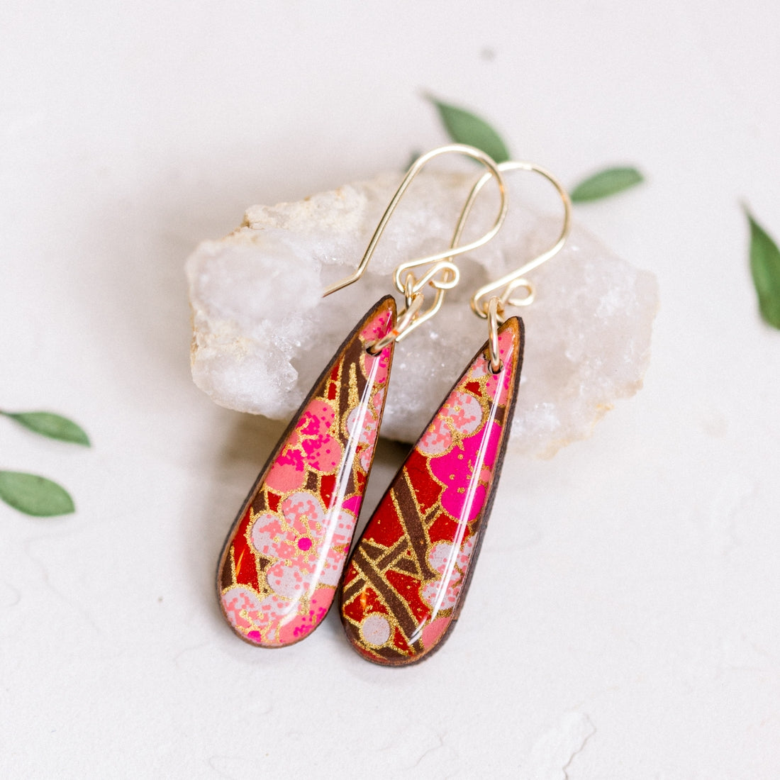 Petite Red Cherry Blossom Teardrop Earrings