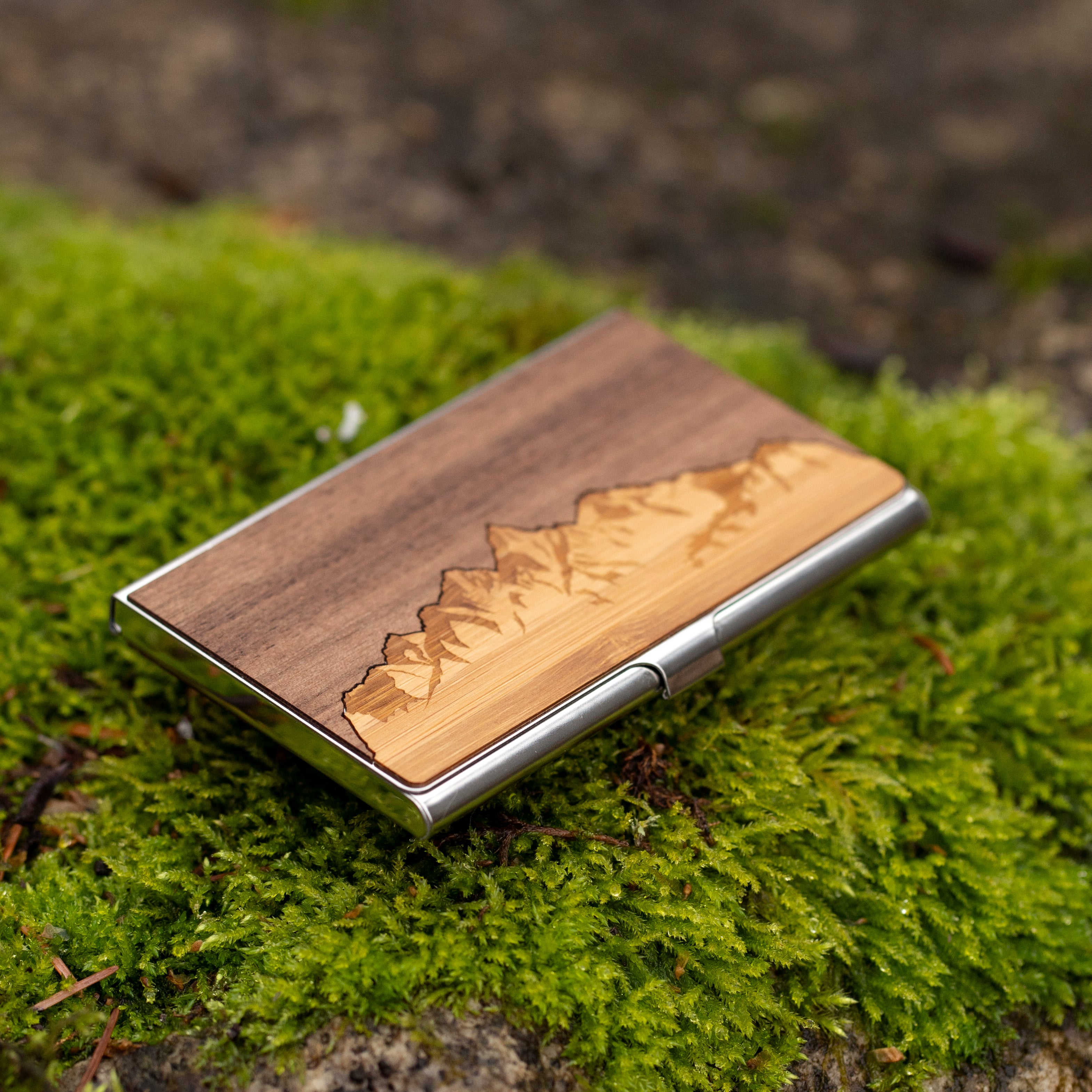 Handmade Wooden Business Card Holder (Sawtooth Mountains)