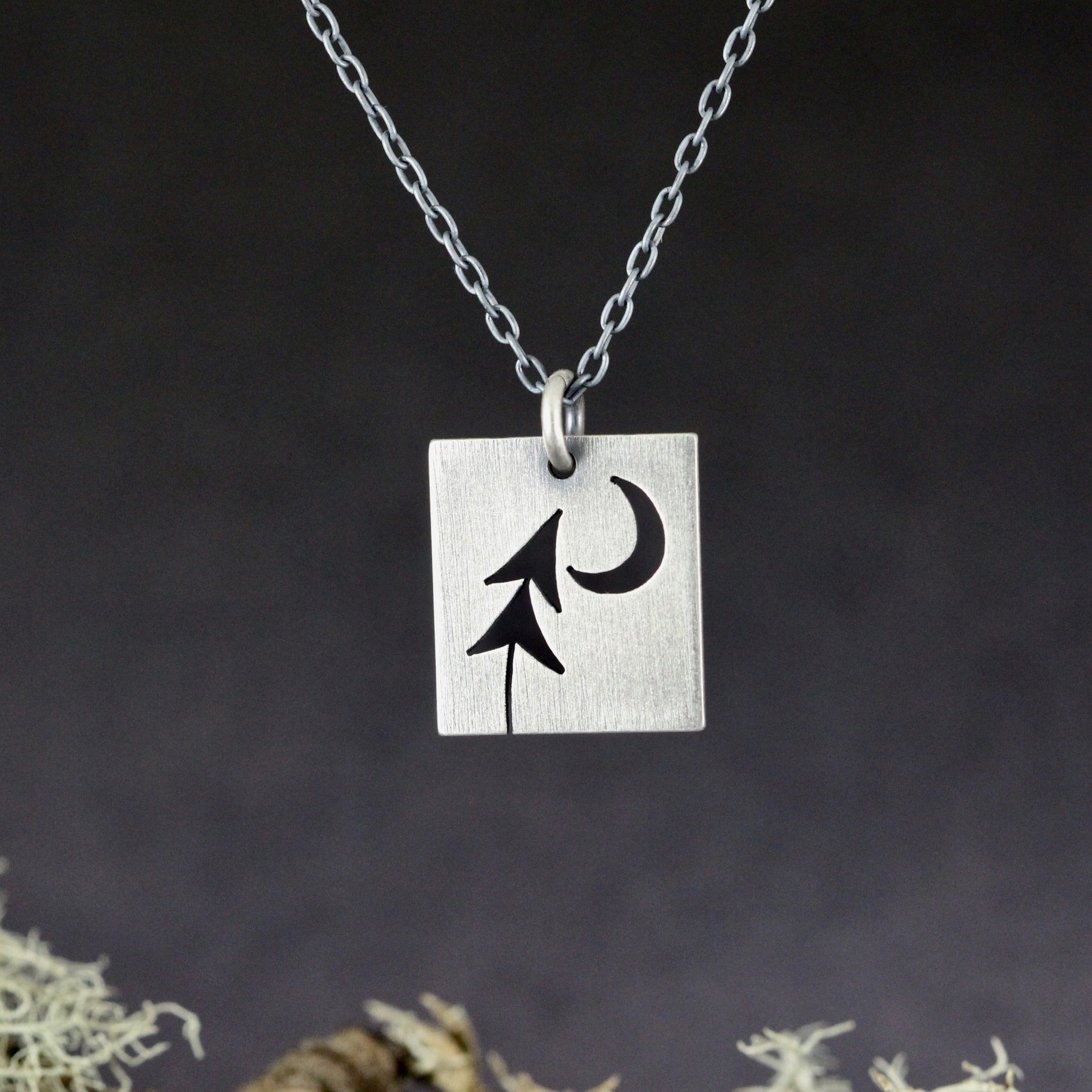 Single Leaning Open Pine + Crescent Moon Square Pendant