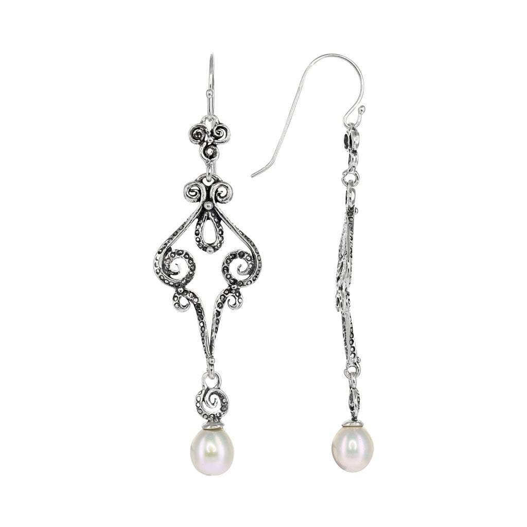 Sterling Silver Fancy Dangle Earrings with Pearl Detail  Silver