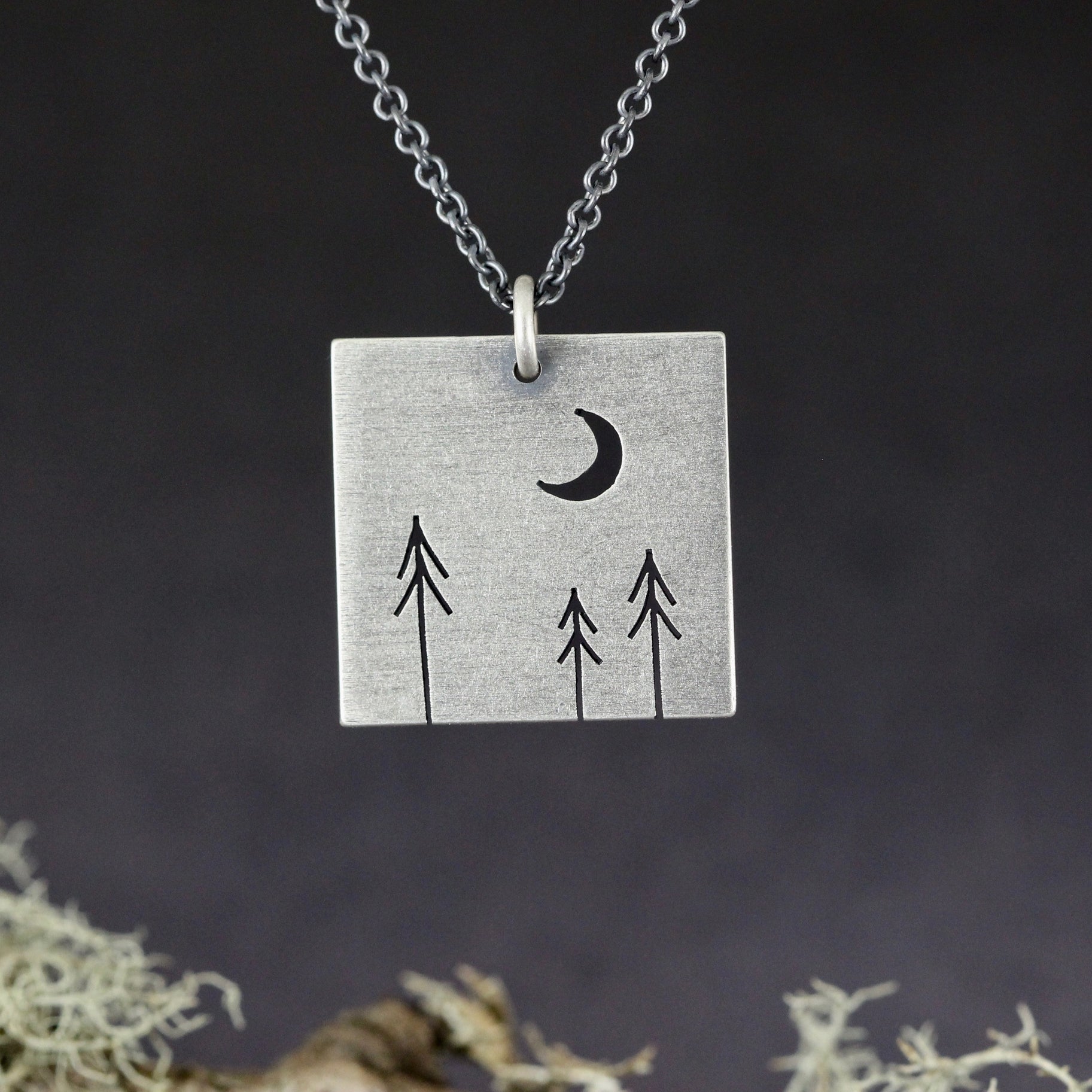 Three Pine Trees + Crescent Moon Square Pendant