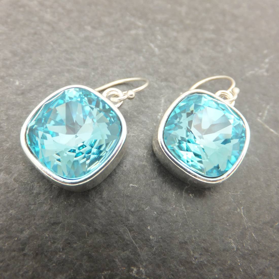 Turquoise Blue Crystal Silver Club Earrings