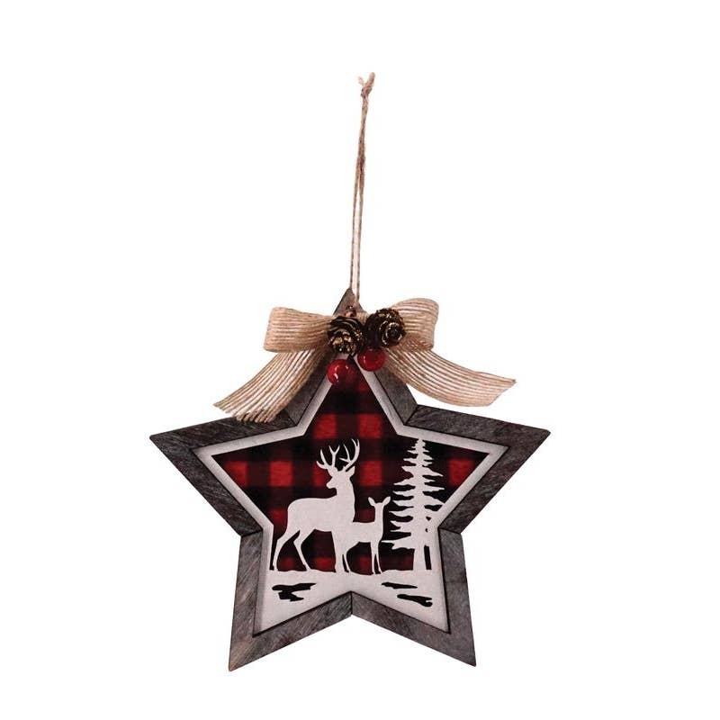 Wooden Red/Black Plaid Deer Scene Star Ornament