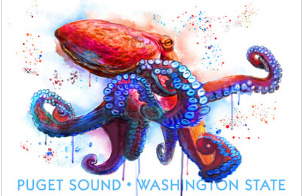 Puget Sound, Washington - Watercolor Octopus